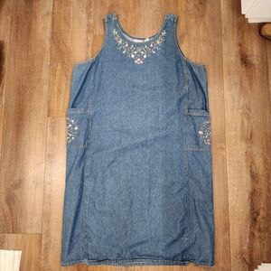 Vintage Cherokee Denim Jumper Dress Embroidered Floral Modest Maxi size 24